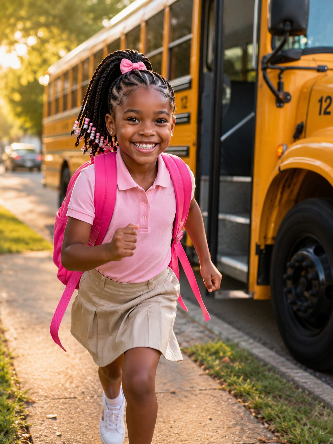 Smiling girl with beaded braids and a pink backpack running to the school bus